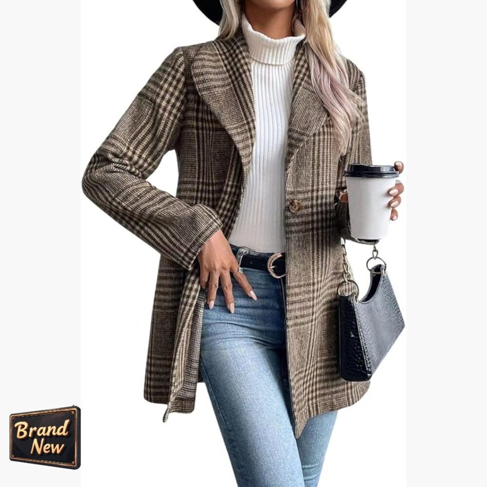 Oversized Plaid Blazer Jacket Long Sleeve Business Casual Work Office